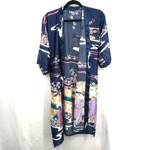 5 for $50 Kimono Half-Sleeve Calf-Length Belted Satin Robe Blue Japanese OS